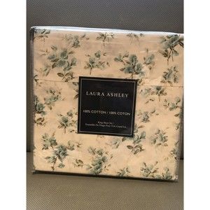 Laura Ashley LITTLE DARLINGS Blue Green Floral White KING Sheet Set 100% Cotton